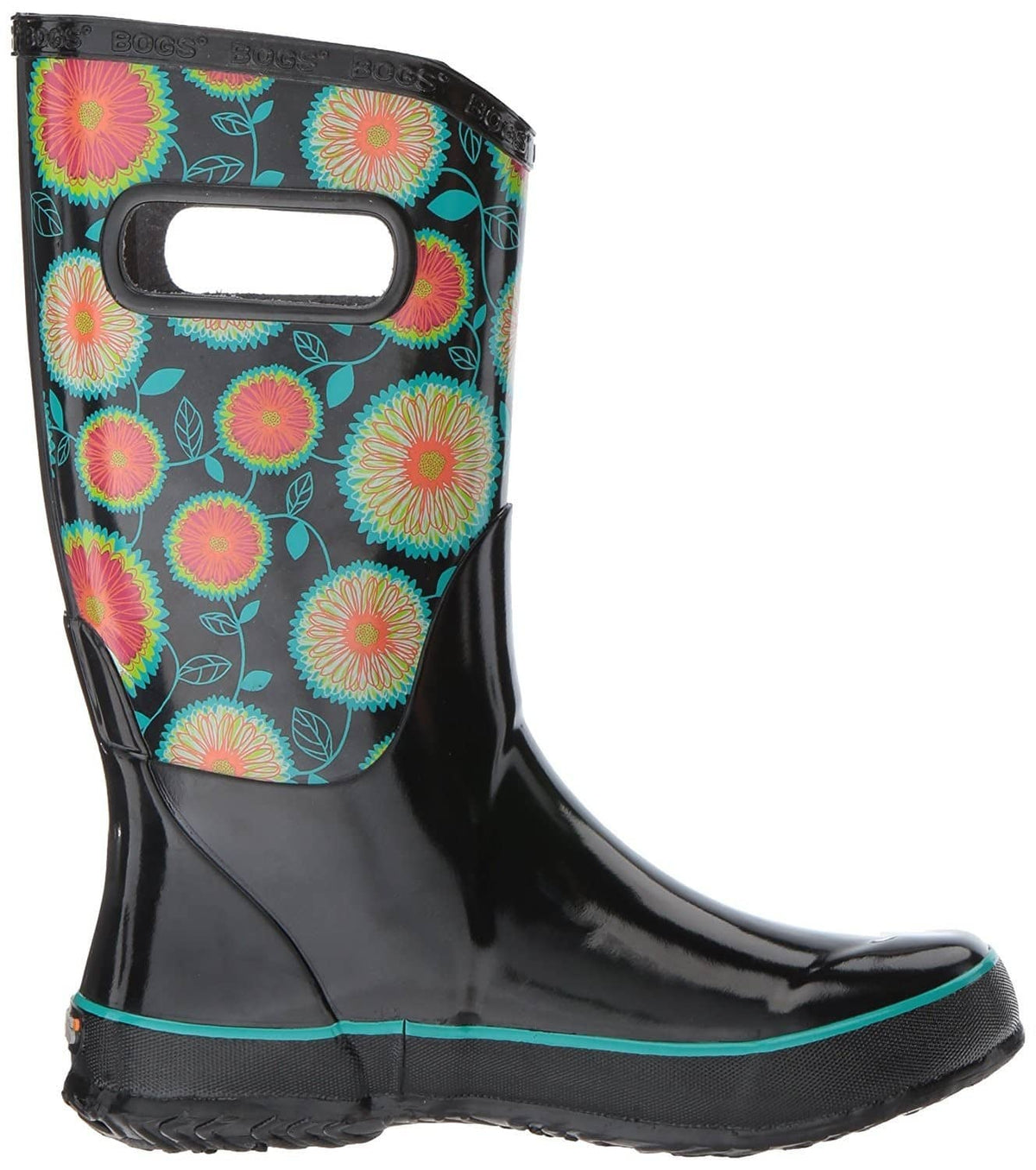 Black floral-print rubber rain boot with round toe and pull tab