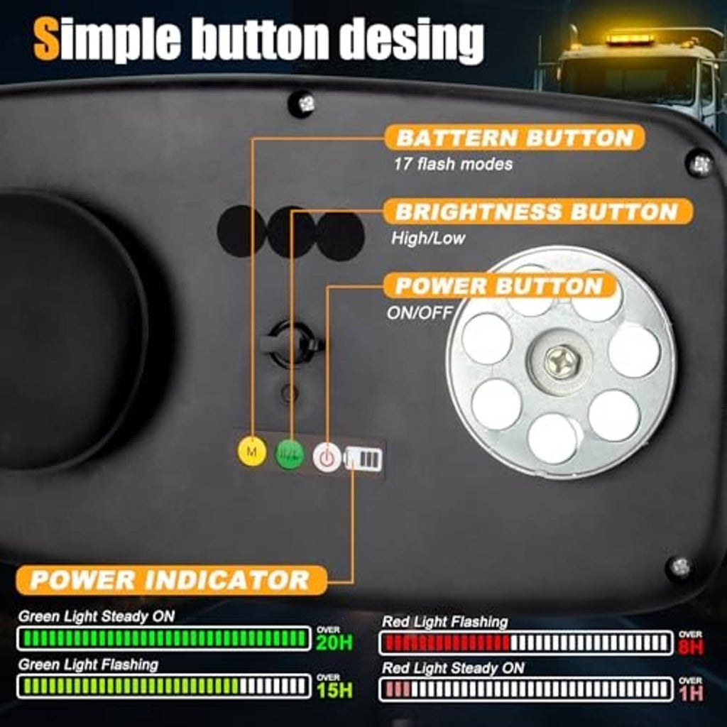 Amber strobe light control panel with button layout and power indicator