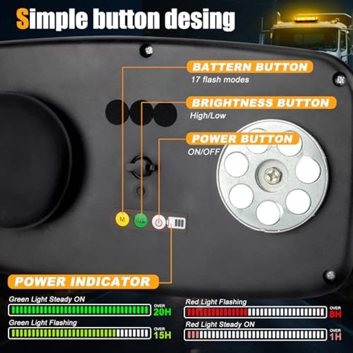 Amber strobe light control panel with button layout and power indicator