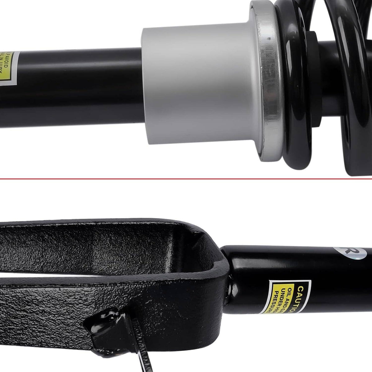 Close-up of shock absorber cylinder with black rod and silver mounting collar