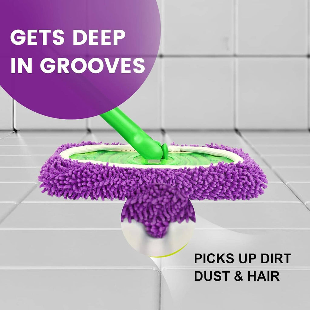 Purple microfiber mop pad on a flat mop head with dense pile cleaning surface