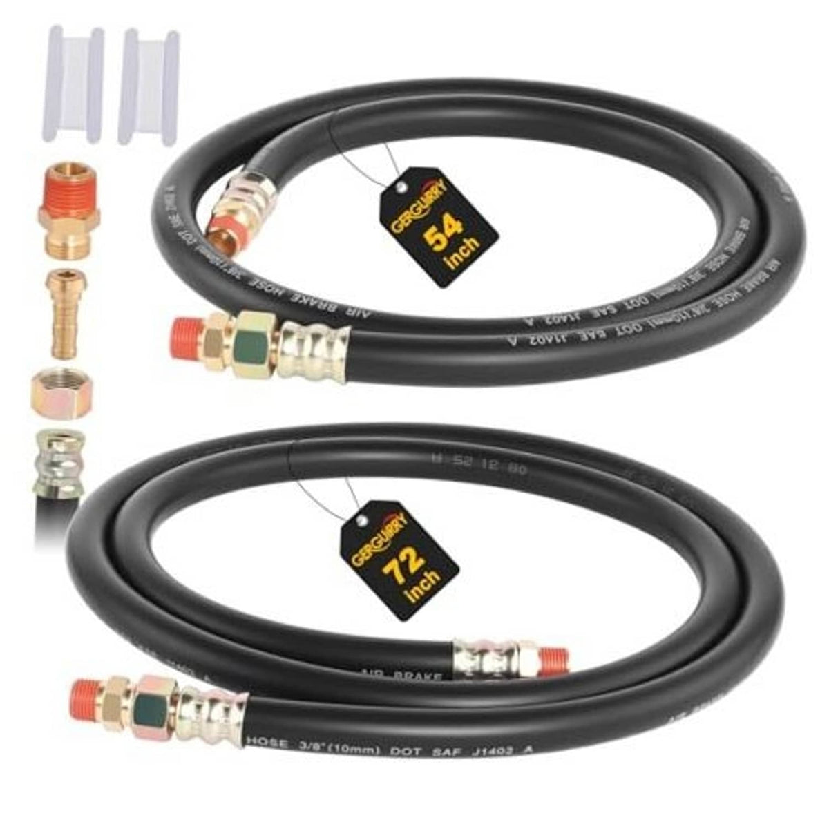 2-pack air brake hose kit with black rubber hoses and brass end fittings, 54 in and 72 in