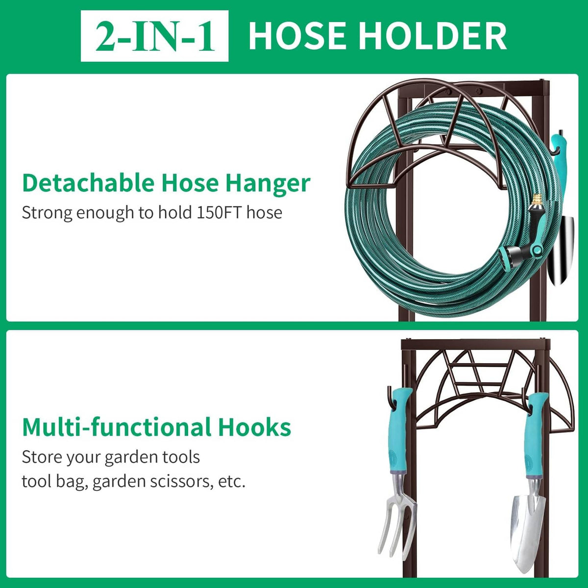 Bronze hose holder stand with teal detachable hanging hose and multi-function storage hooks