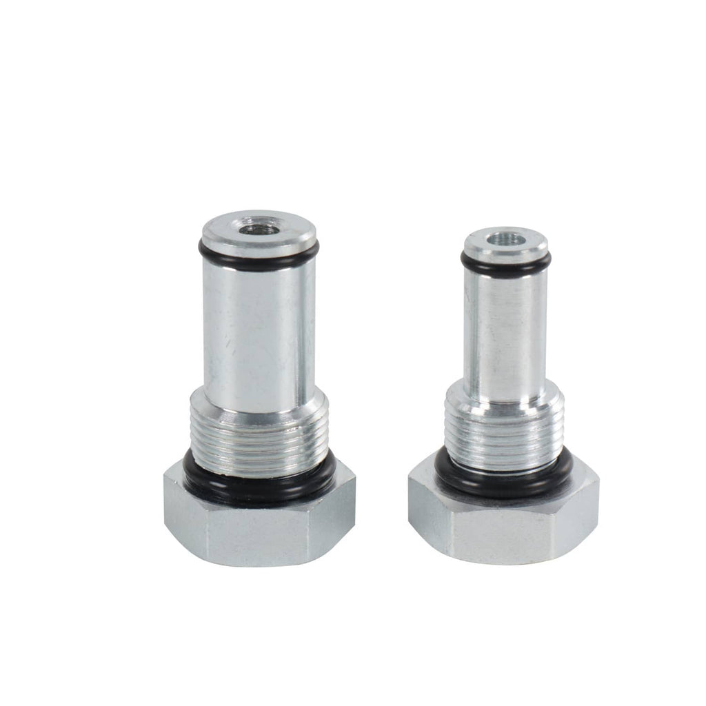 Pair of machined metal IPR test plugs with hex bases and O-rings