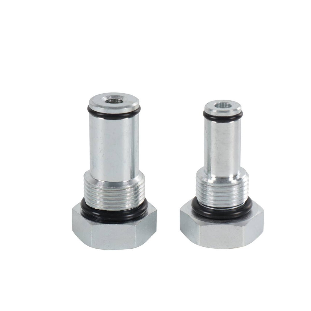 Pair of machined metal IPR test plugs with hex bases and O-rings