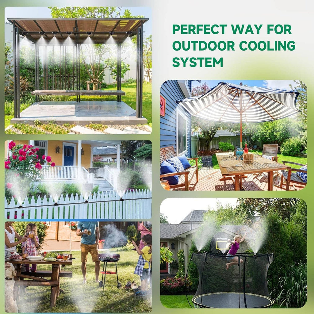 Outdoor patio cooling misting system spraying over yard and seating areas