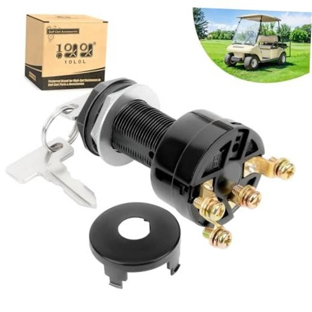 12V ignition key switch with two brass terminals, black housing, and matching keys