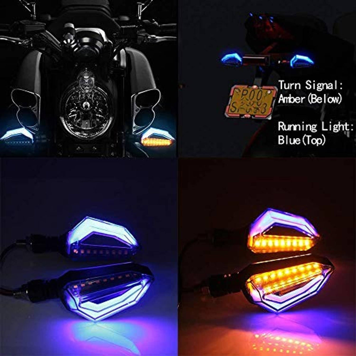 Motorcycle LED turn signals showing blue running light and amber turn signal lighting