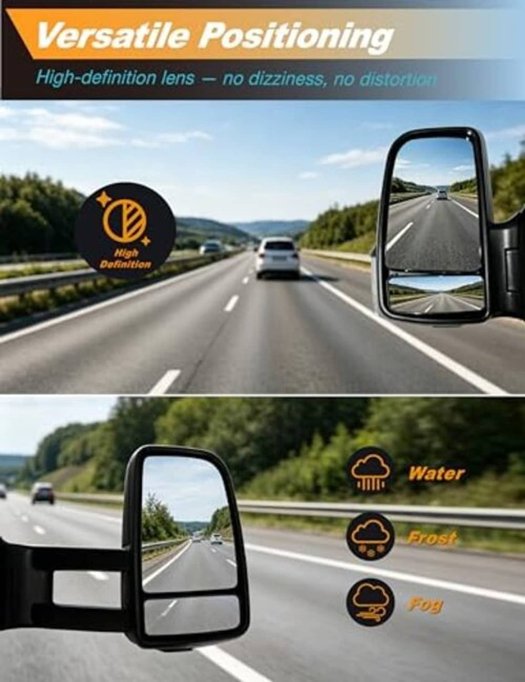Left side mirror with wide-angle glass; clear lens with black housing