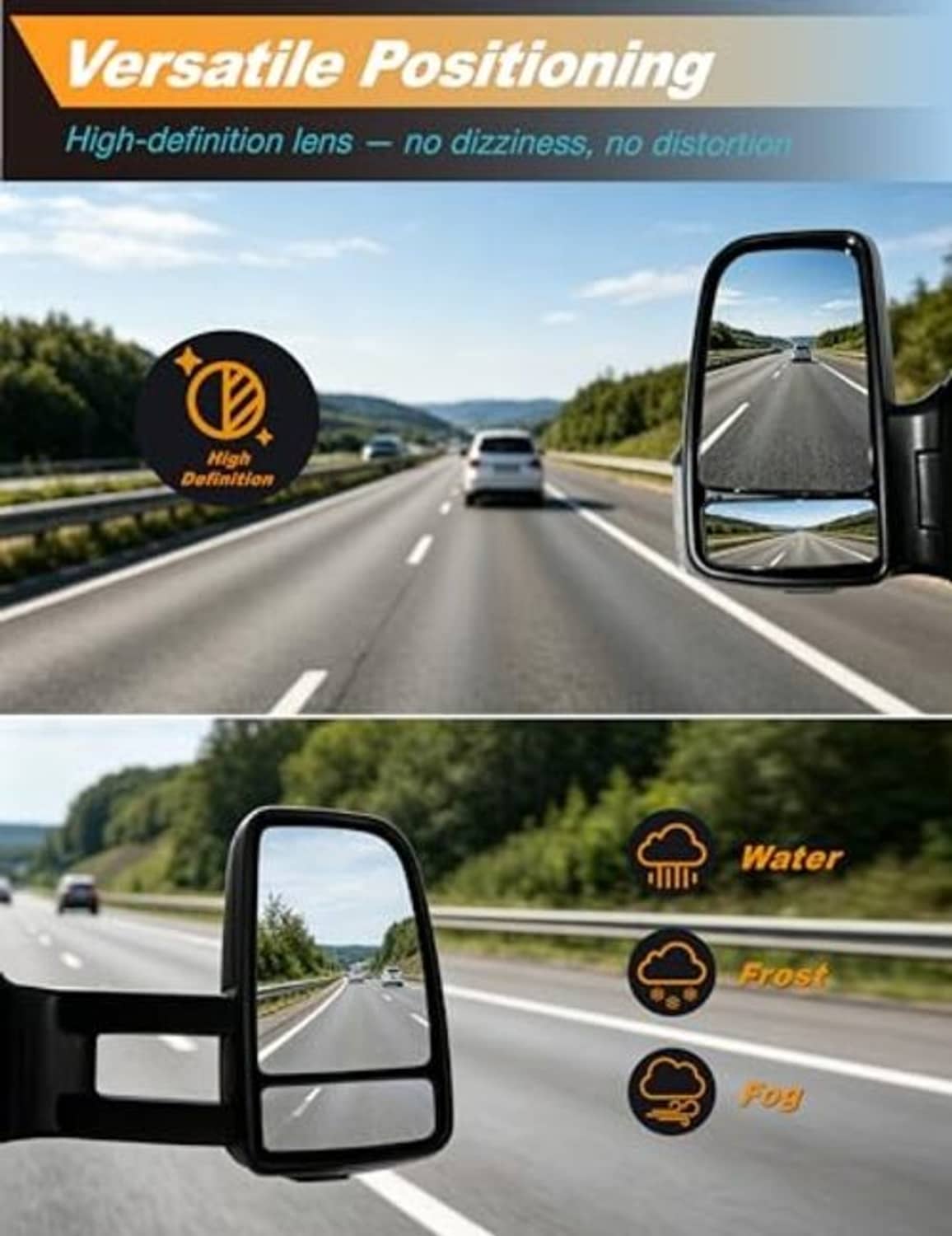 Left side mirror with wide-angle glass; clear lens with black housing