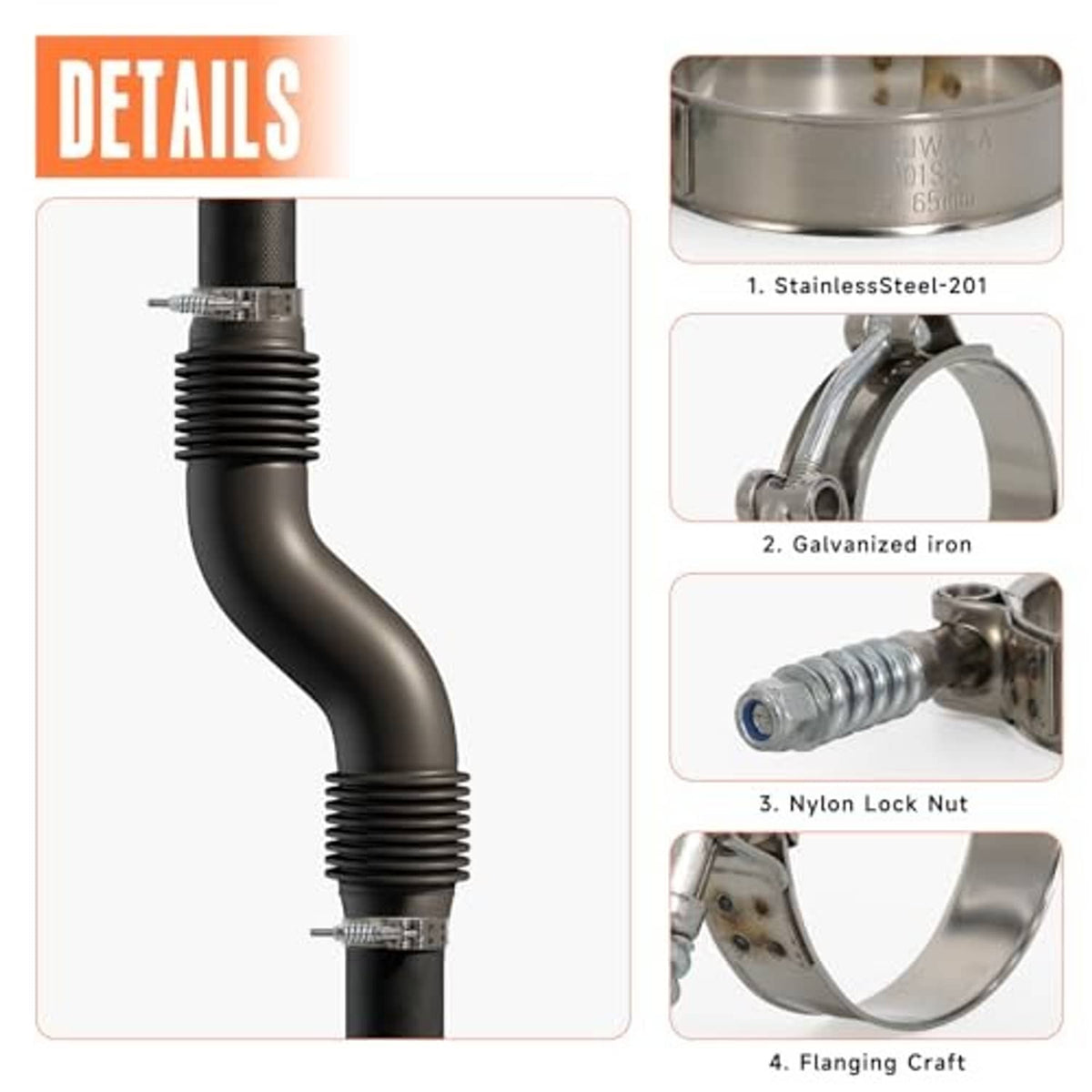 Stainless T-bolt hose clamp with spring bolt and nylon lock nut detail