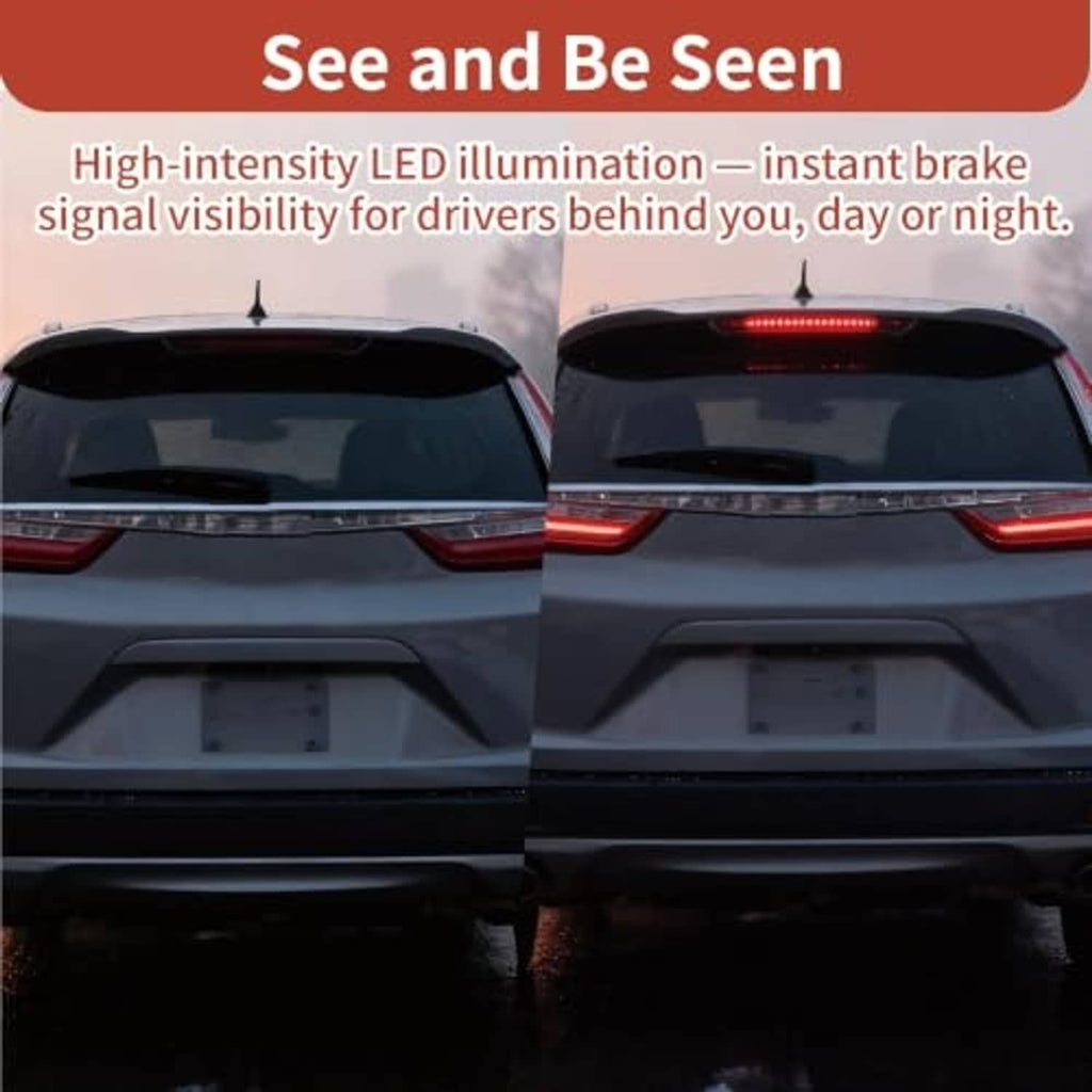 Red LED third brake light with glowing strip, mounted on rear roof panel.