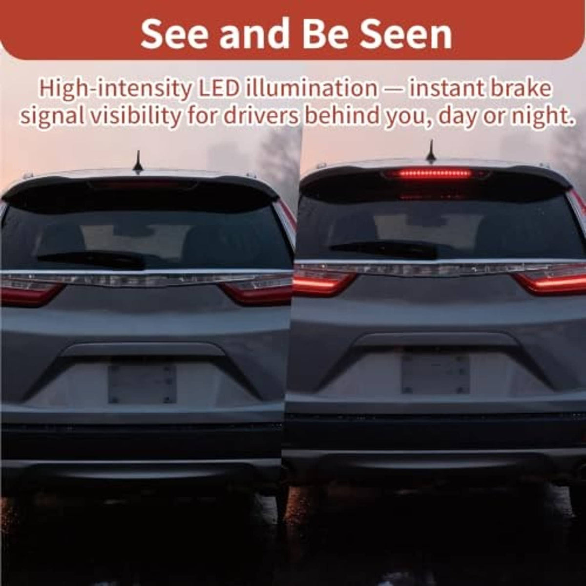 Red LED third brake light with glowing strip, mounted on rear roof panel.