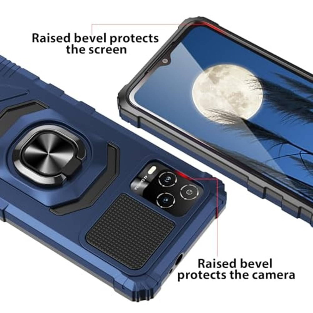 Blue rugged phone case close-up with raised camera bezel and textured grip panels
