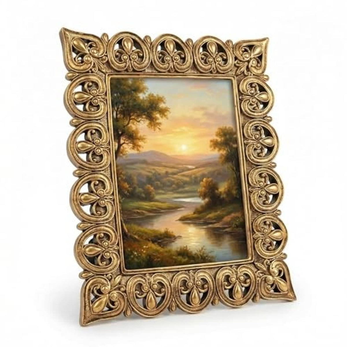 Antique gold scroll photo frame with baroque scrollwork border, holds 4x6 photo