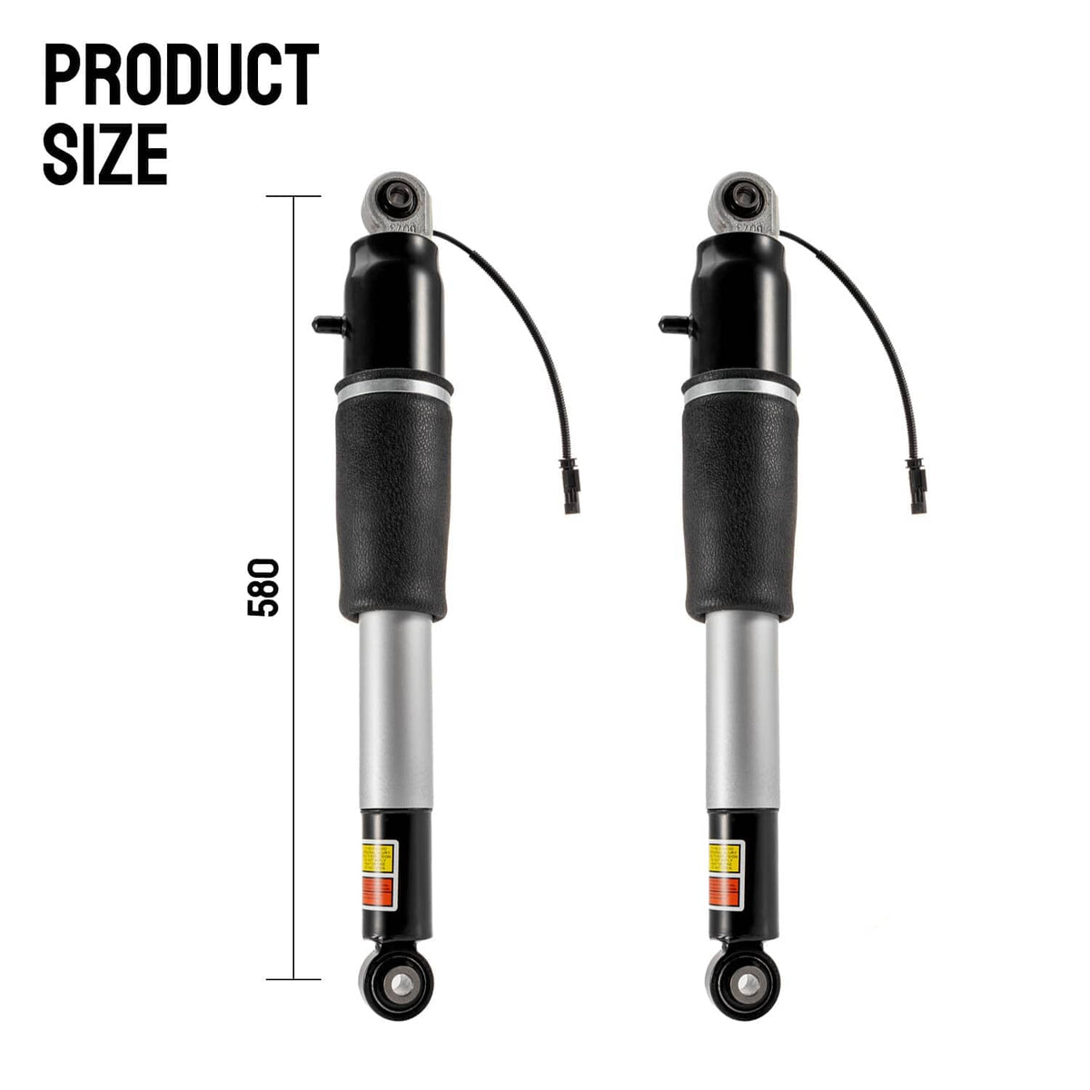 Shock strut set size view showing two silver-and-black struts with spring and end mounts