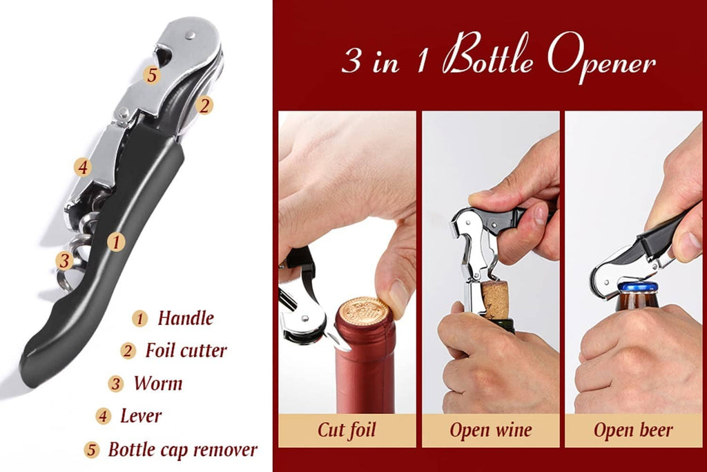 3-in-1 bottle opener with lever worm, bottle cap remover and ergonomic black grip