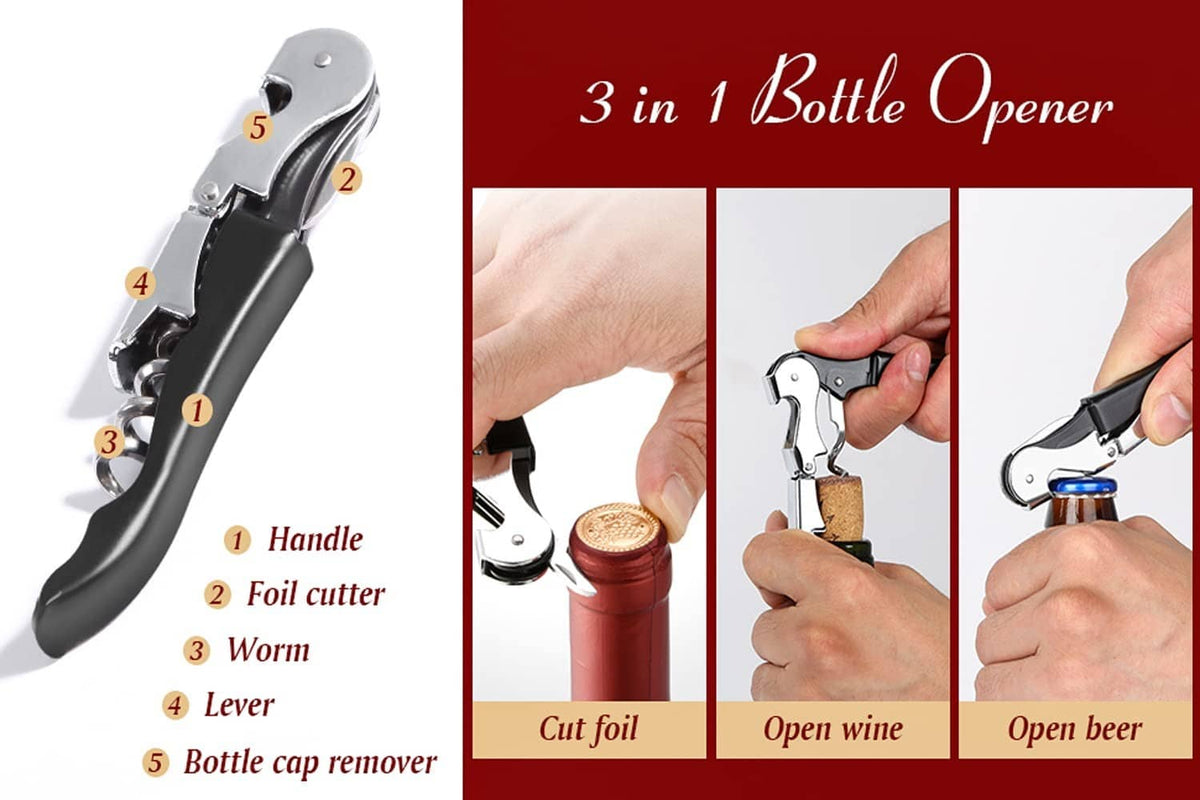 3-in-1 bottle opener with lever worm, bottle cap remover and ergonomic black grip