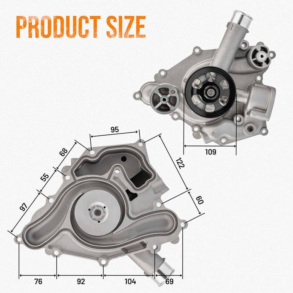 Water pump with sensor, technical size diagram with labeled dimensions