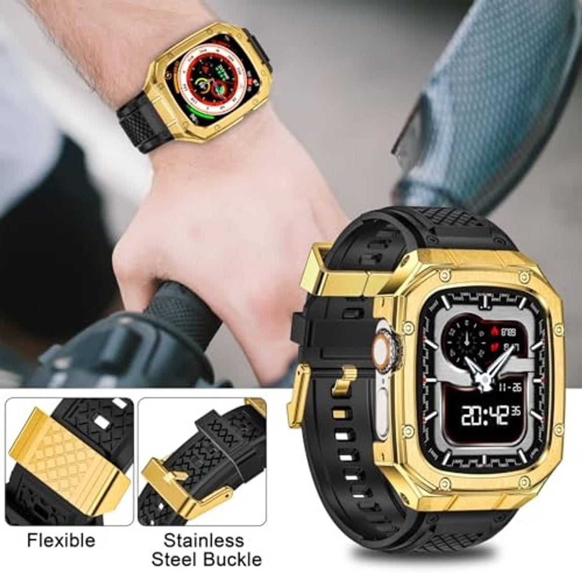 Gold smartwatch case on wrist with black textured band and buckle