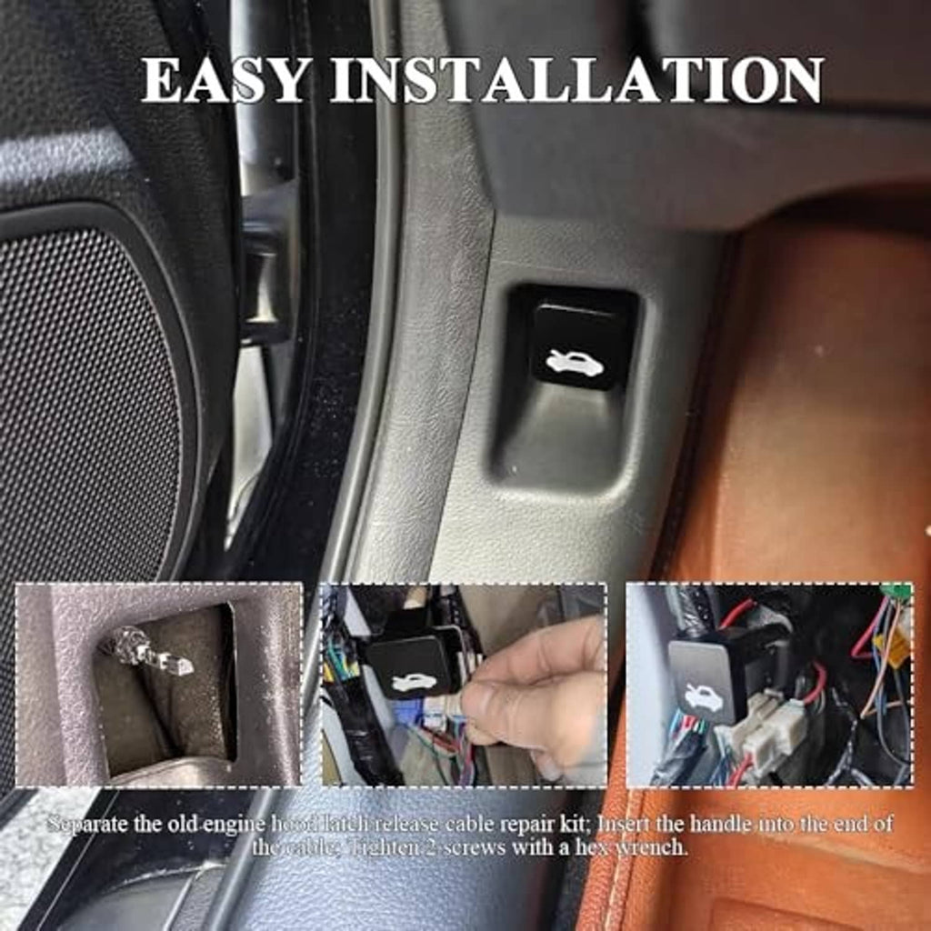 Black hood release latch button on dashboard with easy installation steps inset