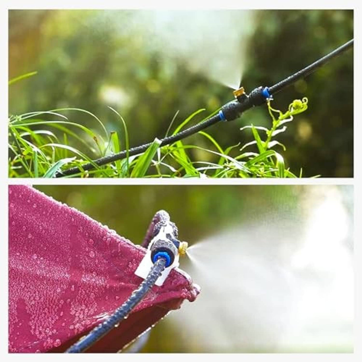 Black misting nozzle producing fine water mist from hose line