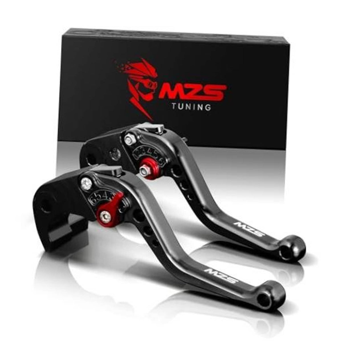 Motorcycle brake and clutch lever set in black and silver with red adjusters