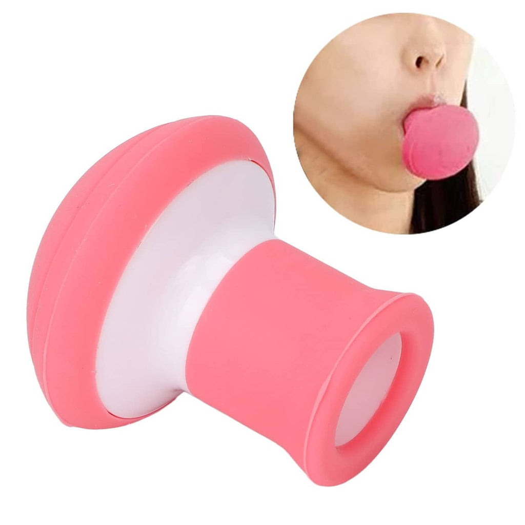 Pink jaw exerciser with curved disc pad and small round mouth contact tip