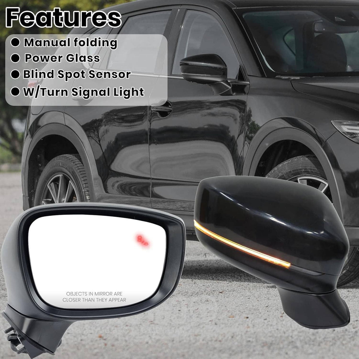 Black side mirror with amber turn signal strip and blind spot indicator