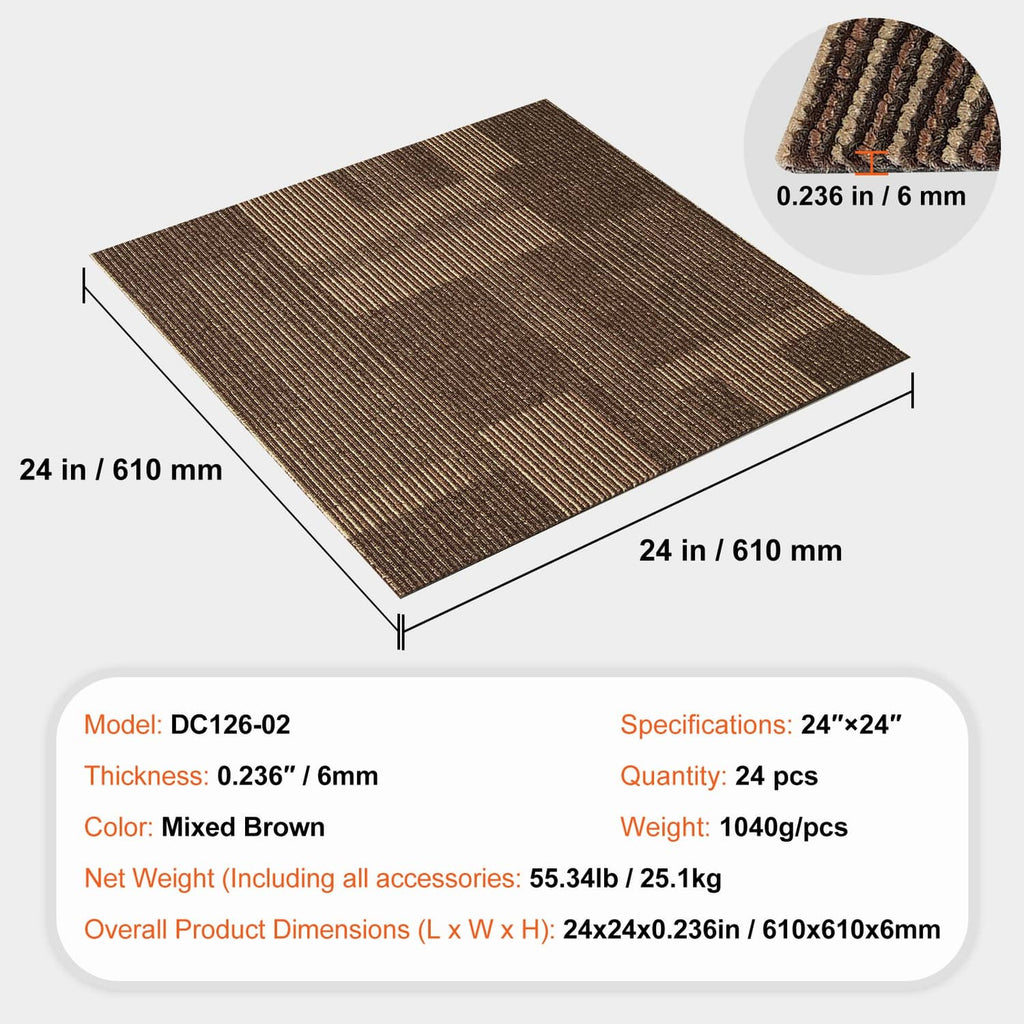 Brown carpet tile square with attached padding, top view and size markings