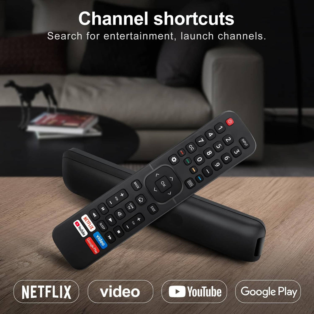 Two black TV remote controls angled for use, with Netflix, video, YouTube, and Google Play keys