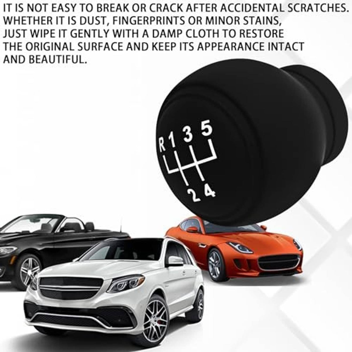 Black silicone gear shift knob cover with R-1–5 shift markings, viewed from above