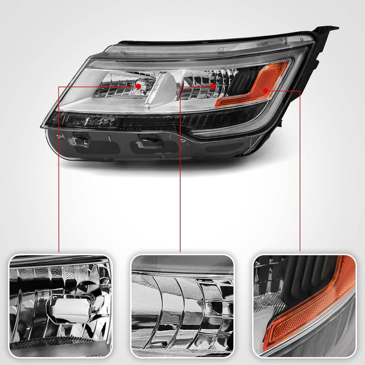 Left-side headlight assembly with chrome projector lenses and amber reflector, black housing