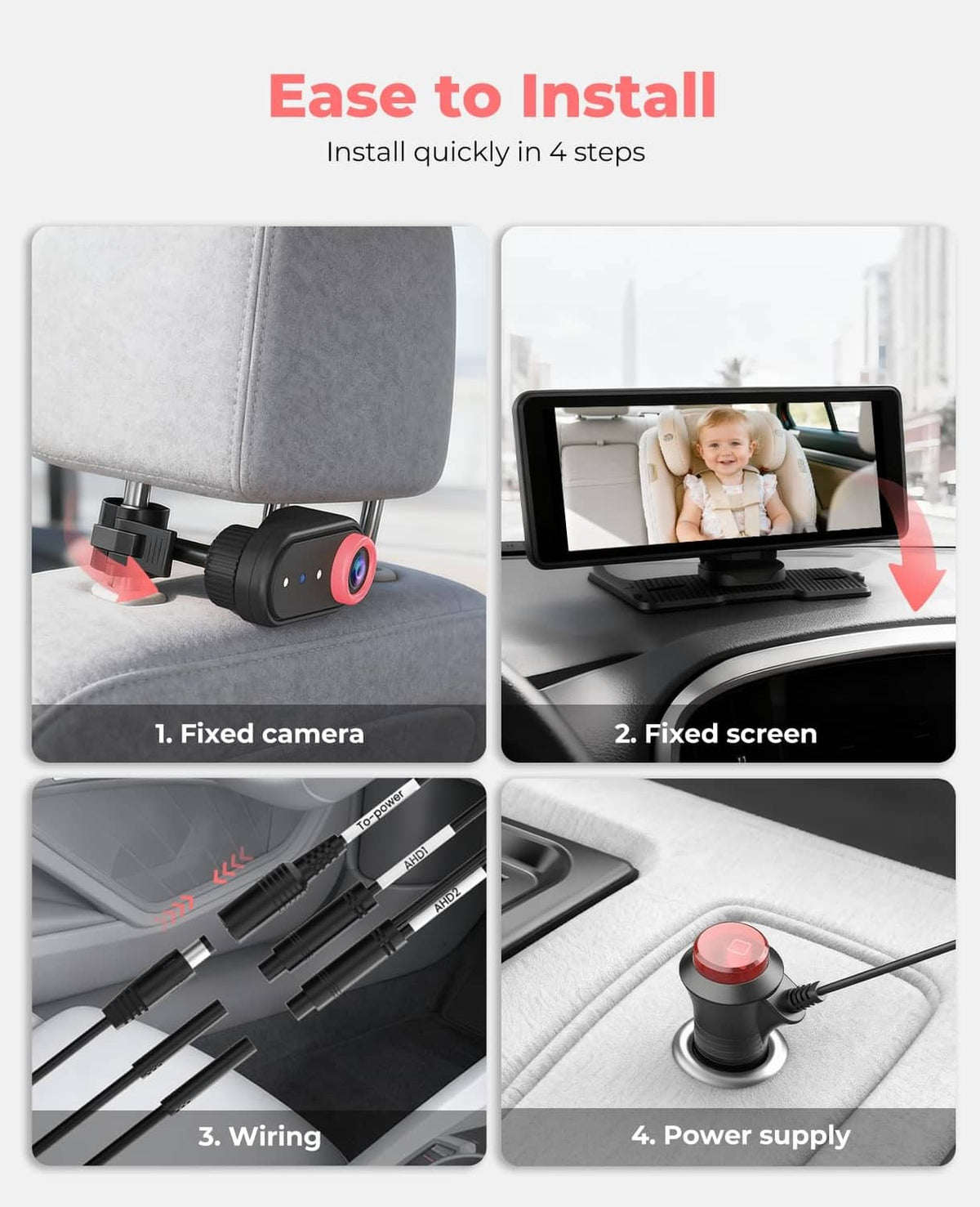 Dual-camera baby monitor kit with camera, screen, wiring, and power supply parts