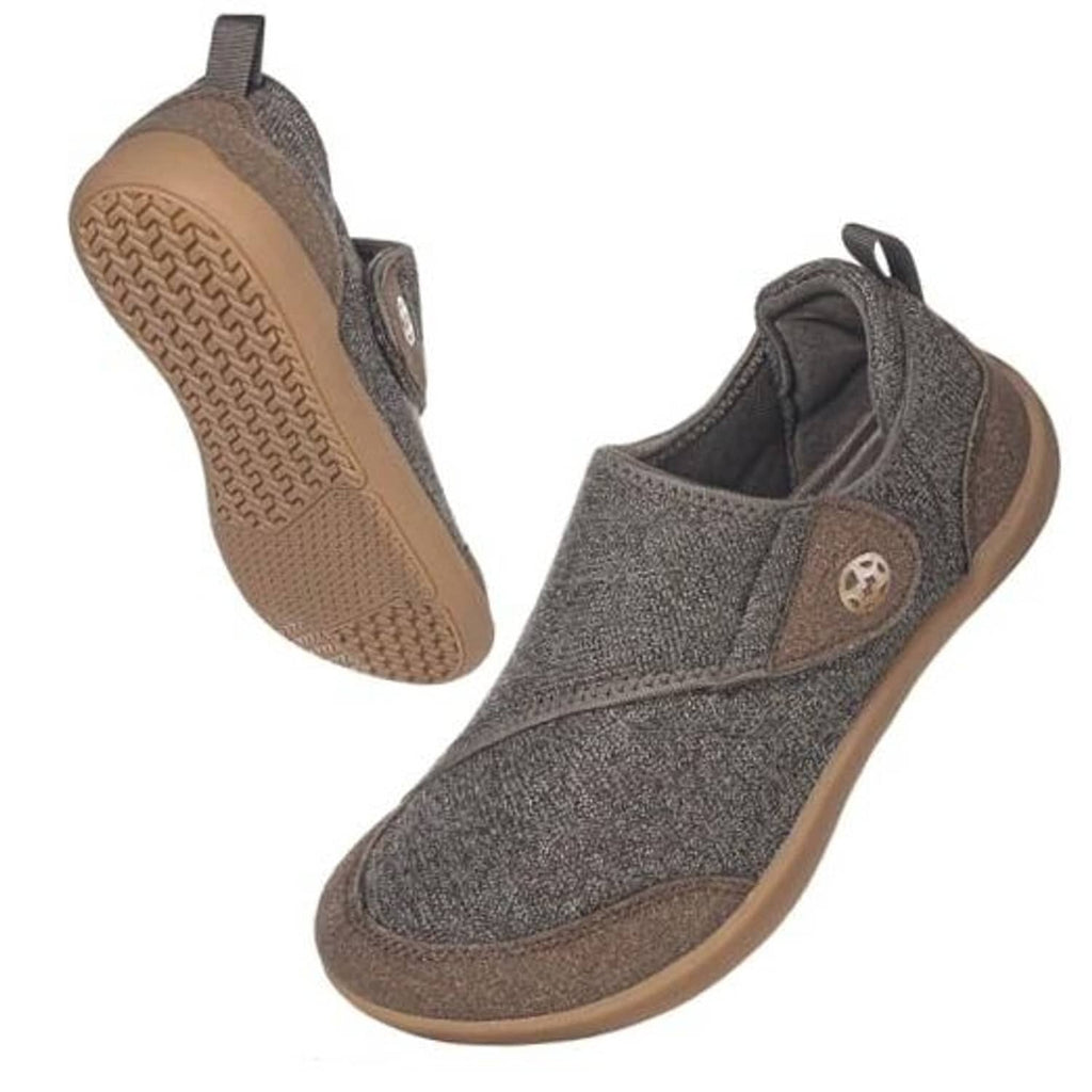 Men's brown slip-on slippers with hook-and-loop strap and cushioned sole