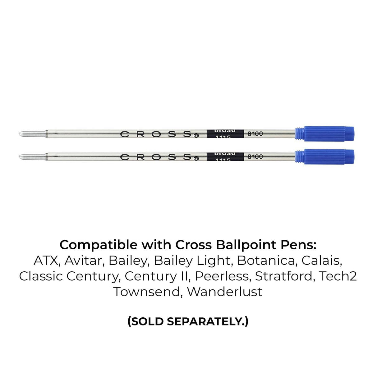 Two blue broad ballpoint pen refills side by side, blue capped barrel