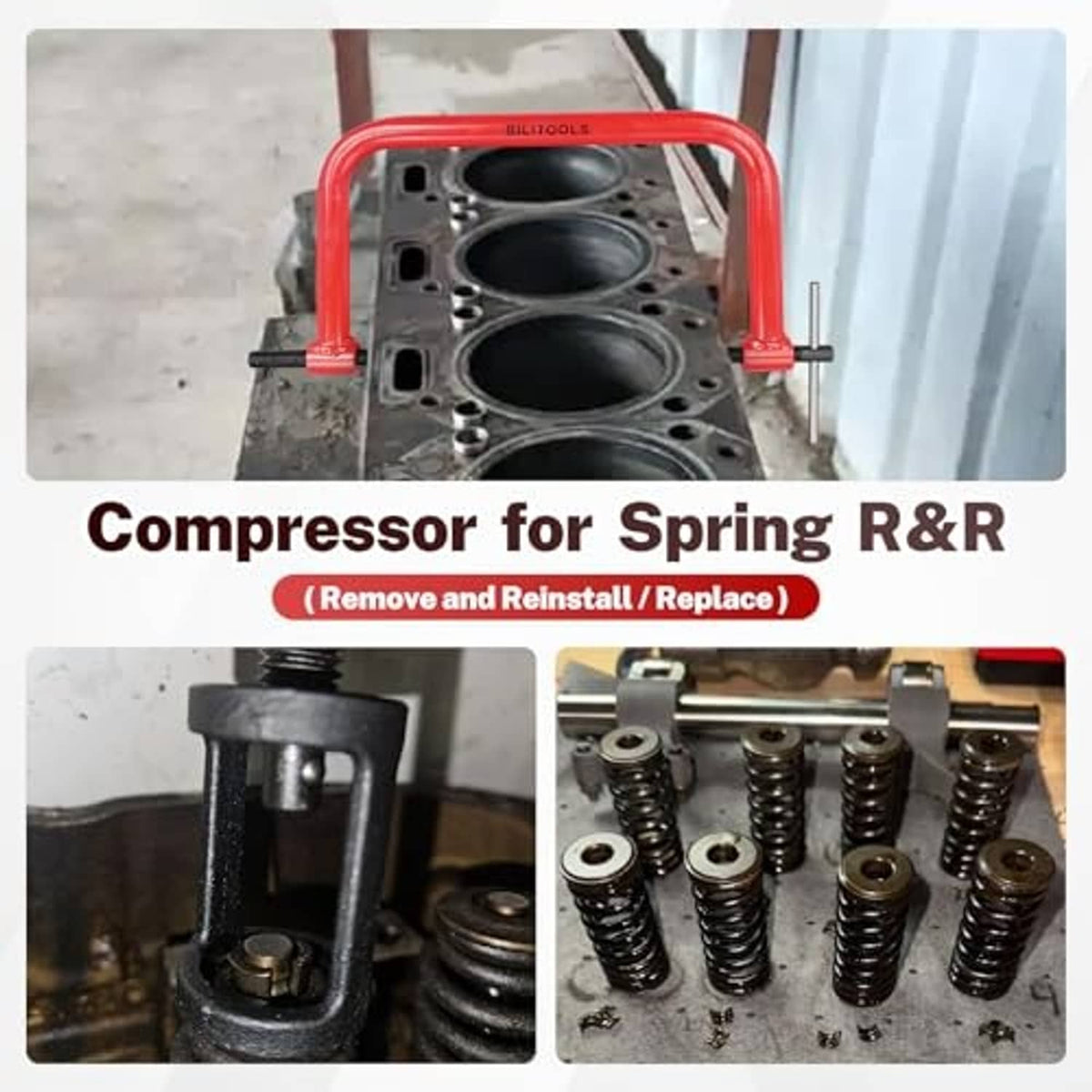 Valve spring compressor tool with red frame positioned over engine head for spring removal