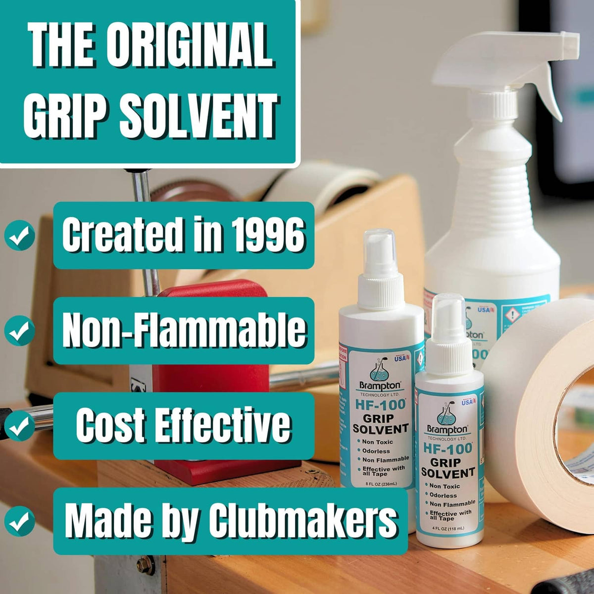 HF-100 grip solvent bottles and grip tape rolls with feature badges for regripping