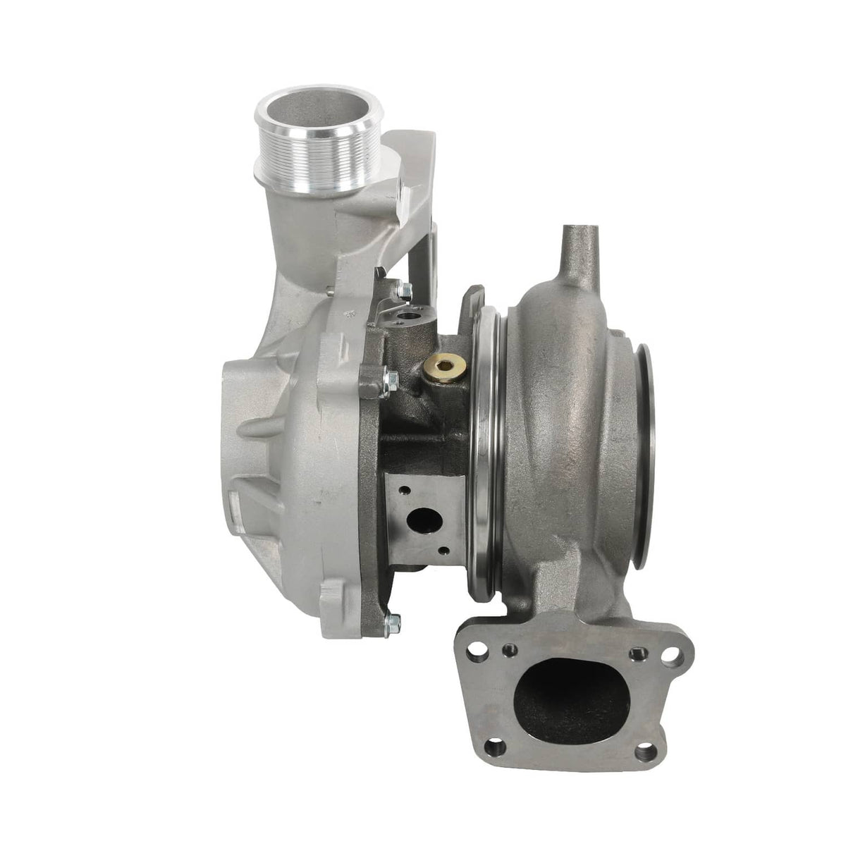 Turbocharger with inlet flange and compressor outlet tube, silver-gray metal body
