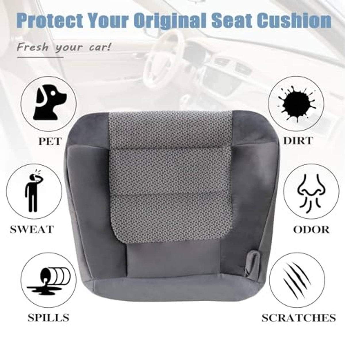 Dark gray cloth seat cover with textured insert on the backrest