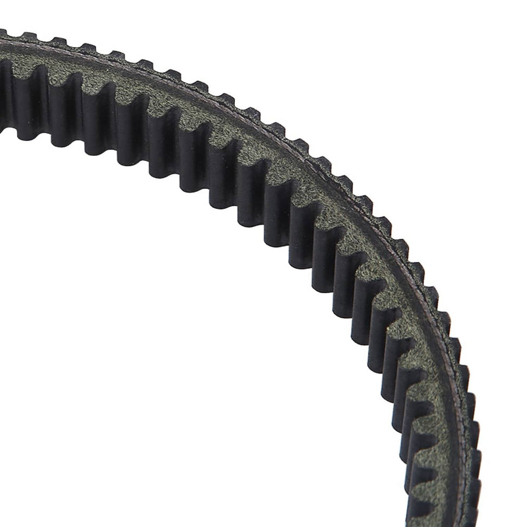 ATV drive belt close-up, black toothed band with textured markings on surface