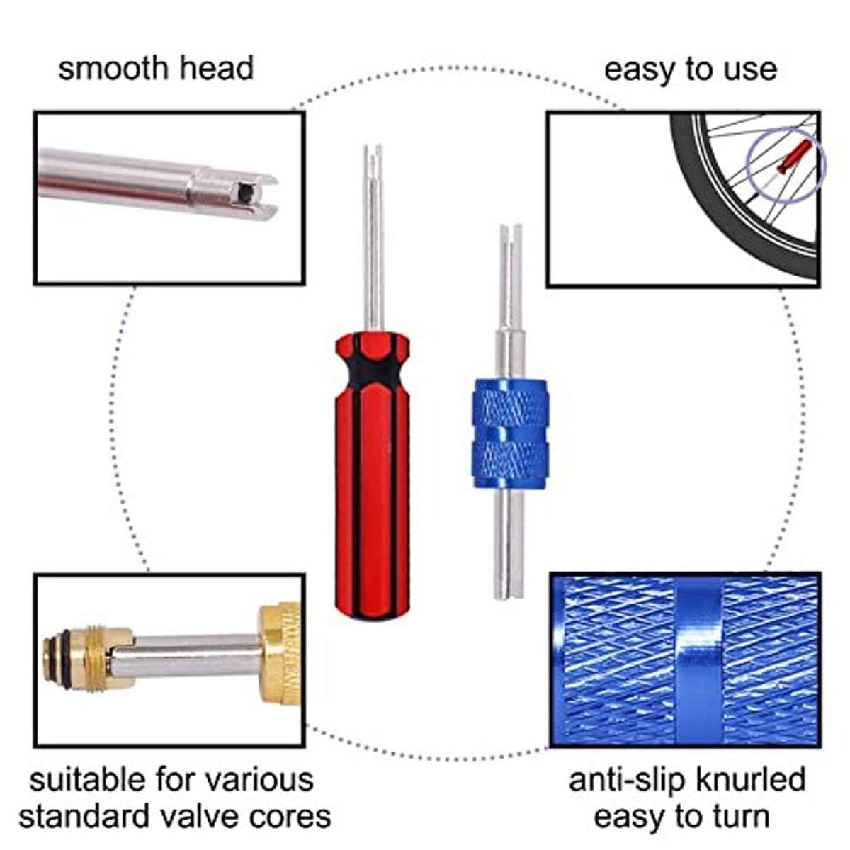 Valve core remover tools with anti-slip knurled grips and small metal head ends