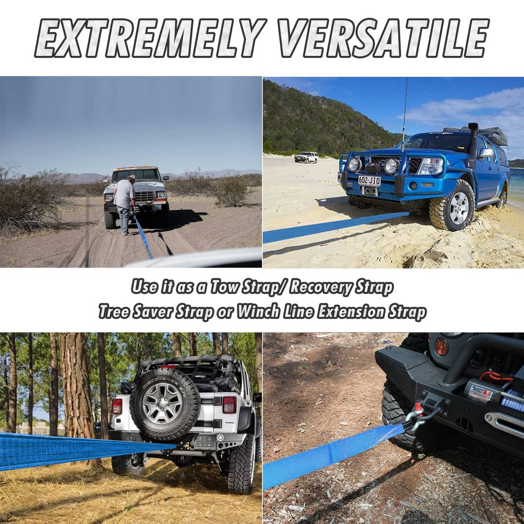 Blue and black tow strap shown in use on an off-road vehicle for towing or recovery