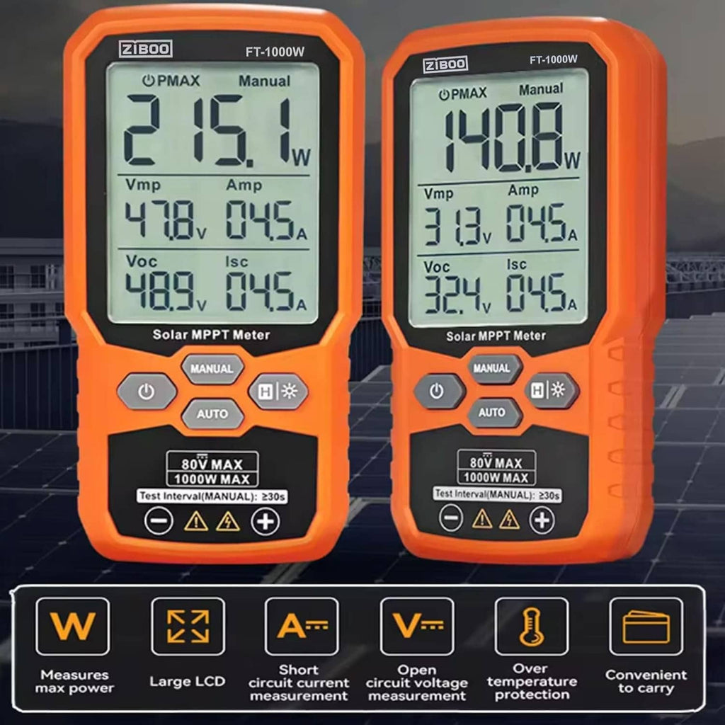 Two orange solar MPPT meter testers showing different LCD readings and manual/auto buttons.