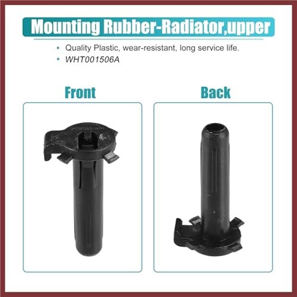 Black radiator upper mount rubber piece, front and back views with clips
