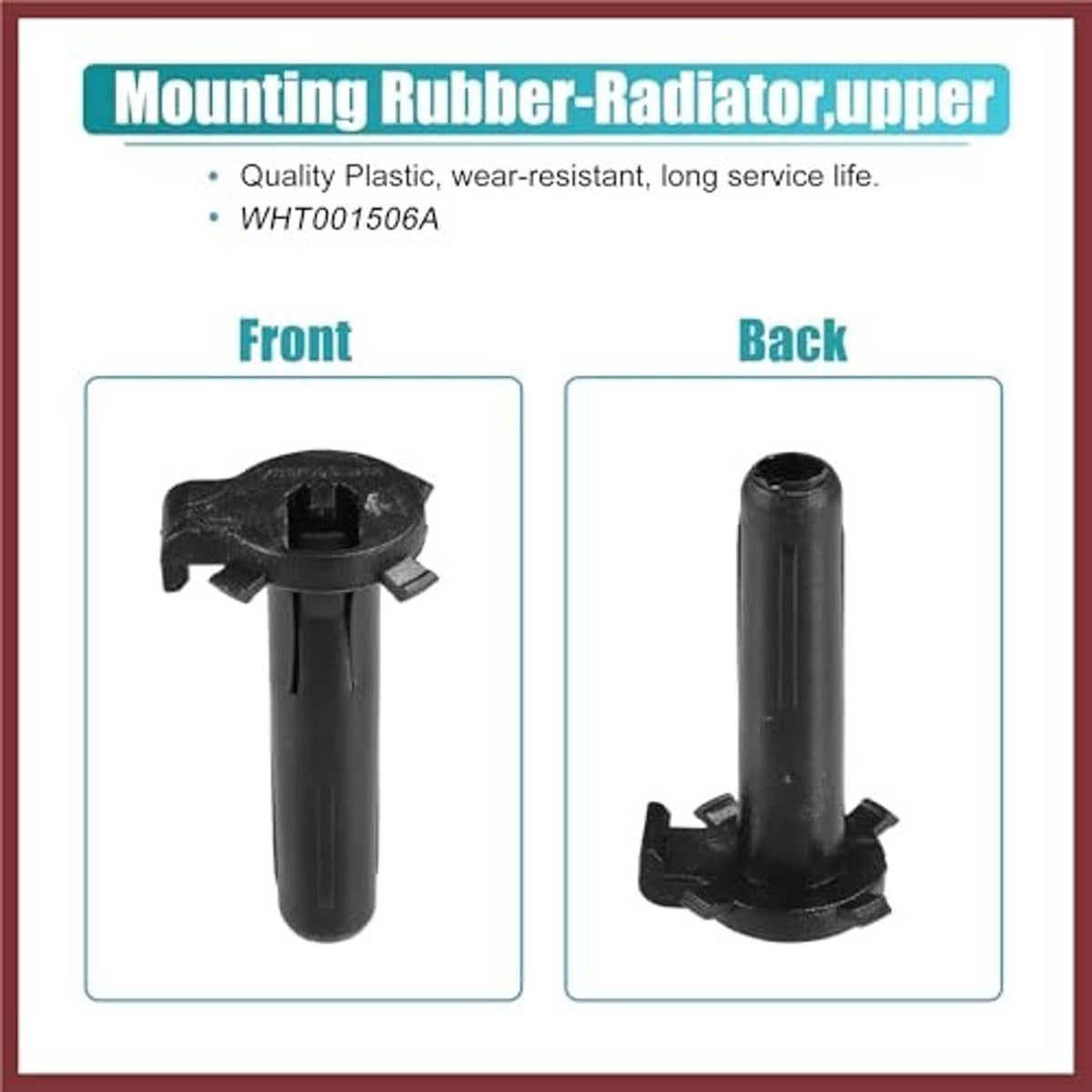 Black radiator upper mount rubber piece, front and back views with clips