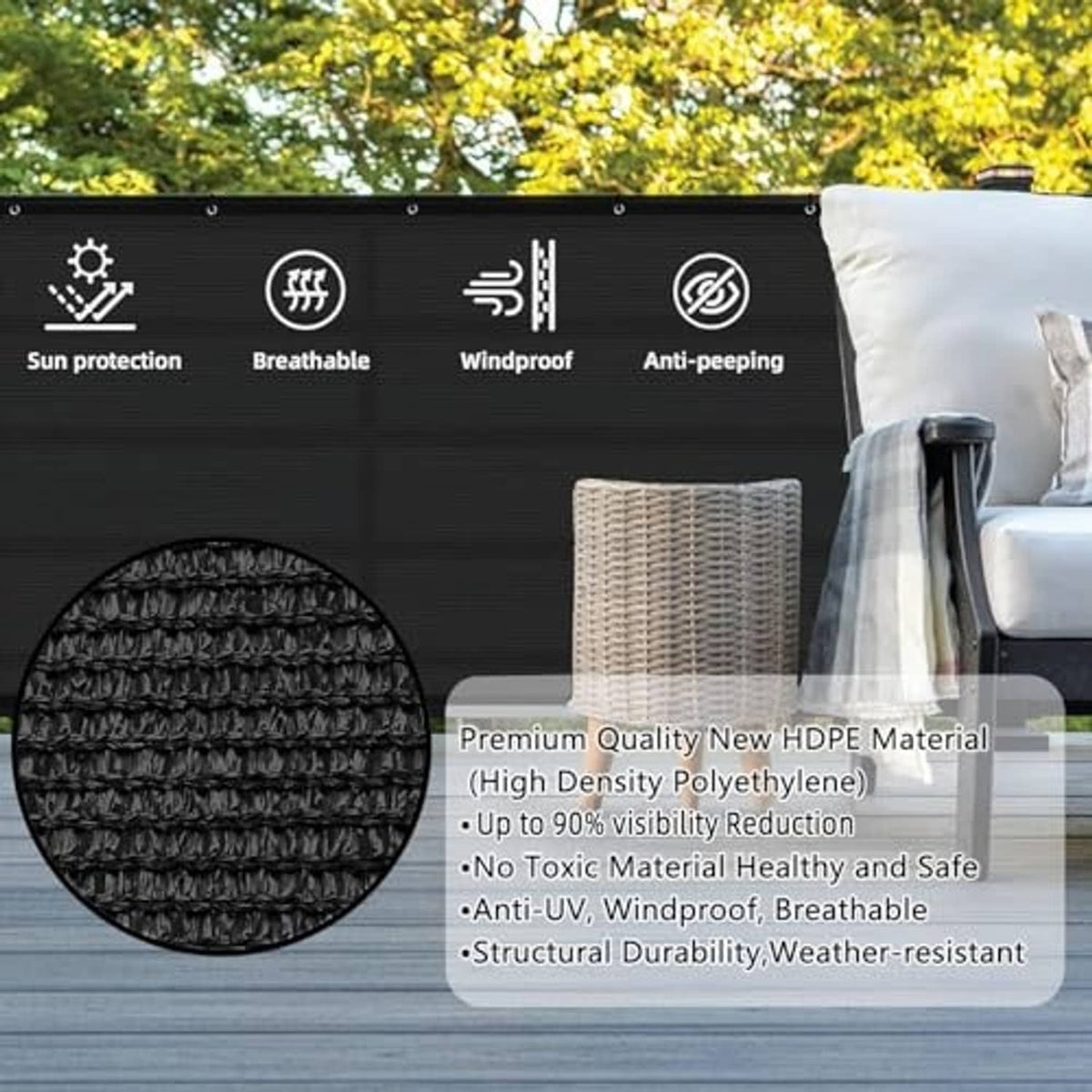 Black woven privacy screen panel with close-up texture and durability icons
