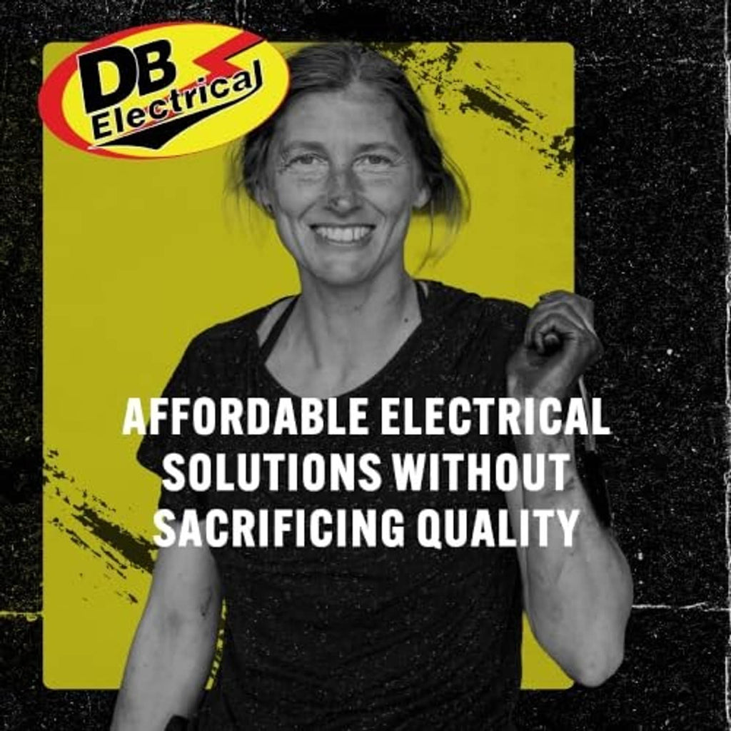 DB Electrical promotional banner with smiling person and yellow graphic background