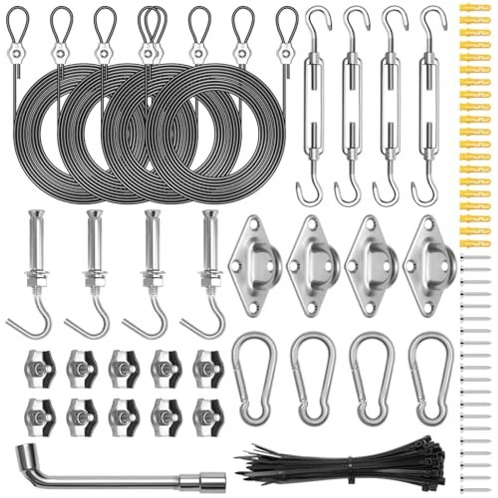 Sun shade sail hardware kit components: coiled rope, metal hooks, plates, and fasteners