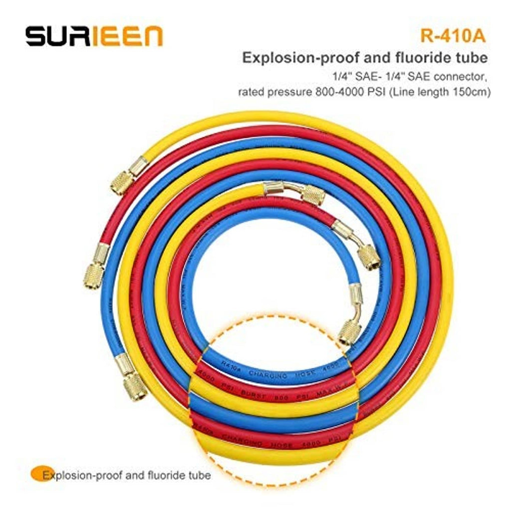 Coiled AC charging hoses with multiple brass 1/4" SAE connectors, red blue yellow